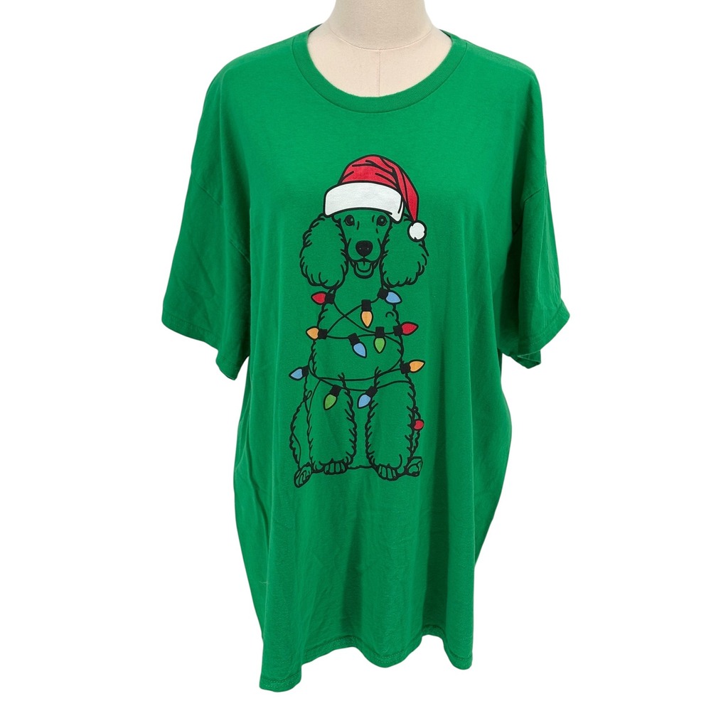 Gildan T-Shirt Green Christmas Poodle Graphic 100% Cotton XL